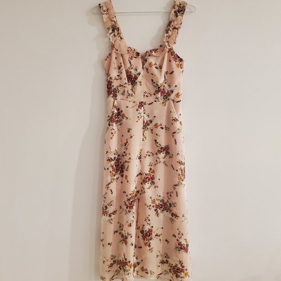 ALI & JAY Floral Midi Dress Ruffles Pockets Front Slit Keyhold Neck Wide Straps - Picture 1 of 9